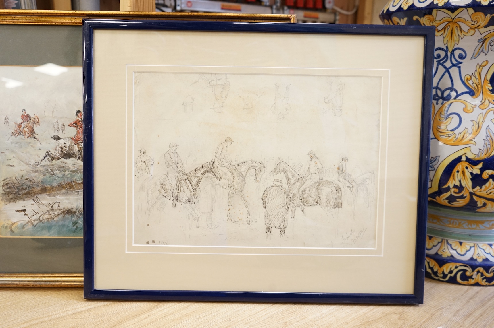 George Finch Mason (1850-1915), 'The Major', 'Where's there a ford, Tom?', heightened watercolour, signed, together with a pen and ink sketch by the same artist and an early 20th century watercolour, Liverpool Autumn Cup